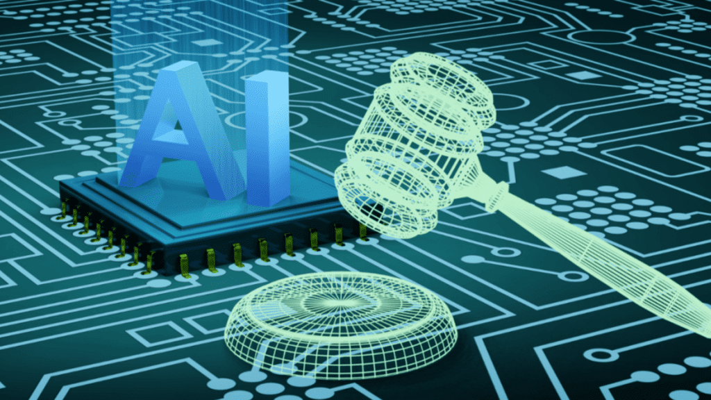 hologram of judge hammer with the phrase "AI" under the spotlight