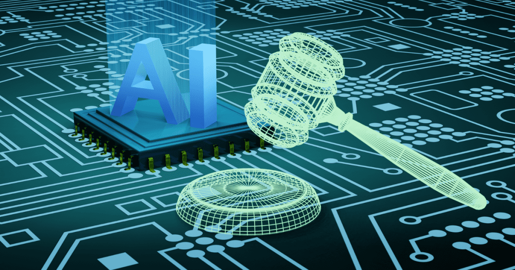 hologram of a judge's hammer withe the phrase "AI" under the spotlight