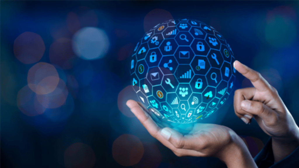 finger pointing at hologram of new technology