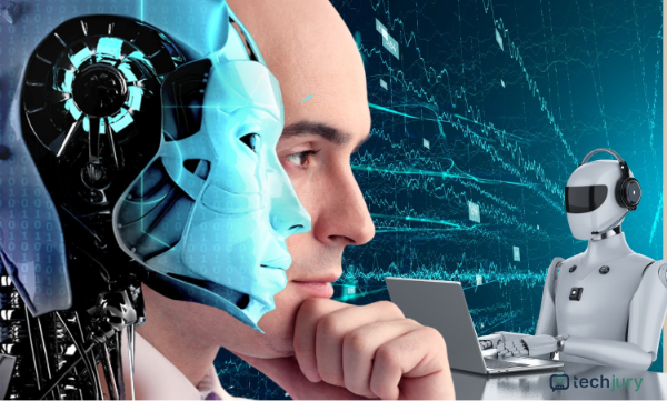 robot and human thinking with another robot in the background working on a computer, reflecting new technology with AI