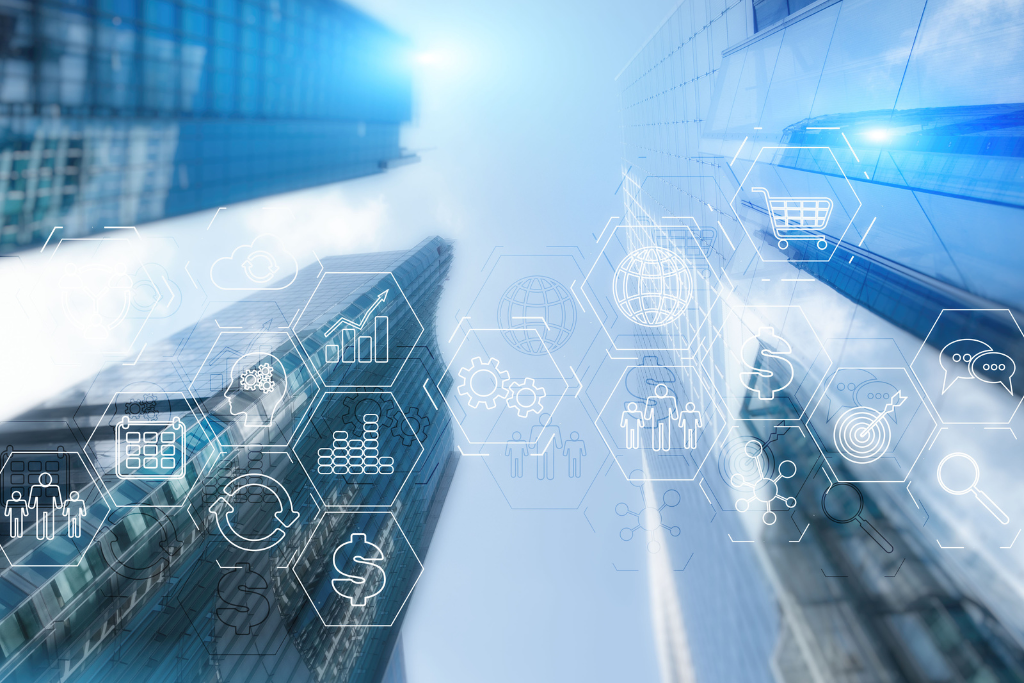 Modern enterprise architecture visual with digital icons for systems, data and business strategy