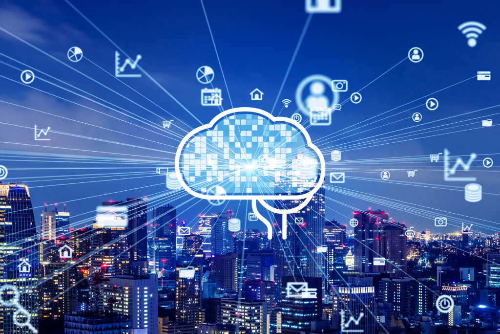 AI in BPM concept showing artificial intelligence connections and digital automation over cityscape.
