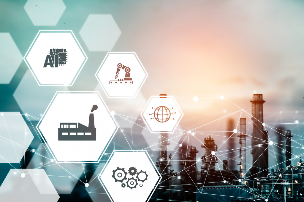 Illustration of AI, automation and manufacturing technologies representing stages of the process evolution framework.