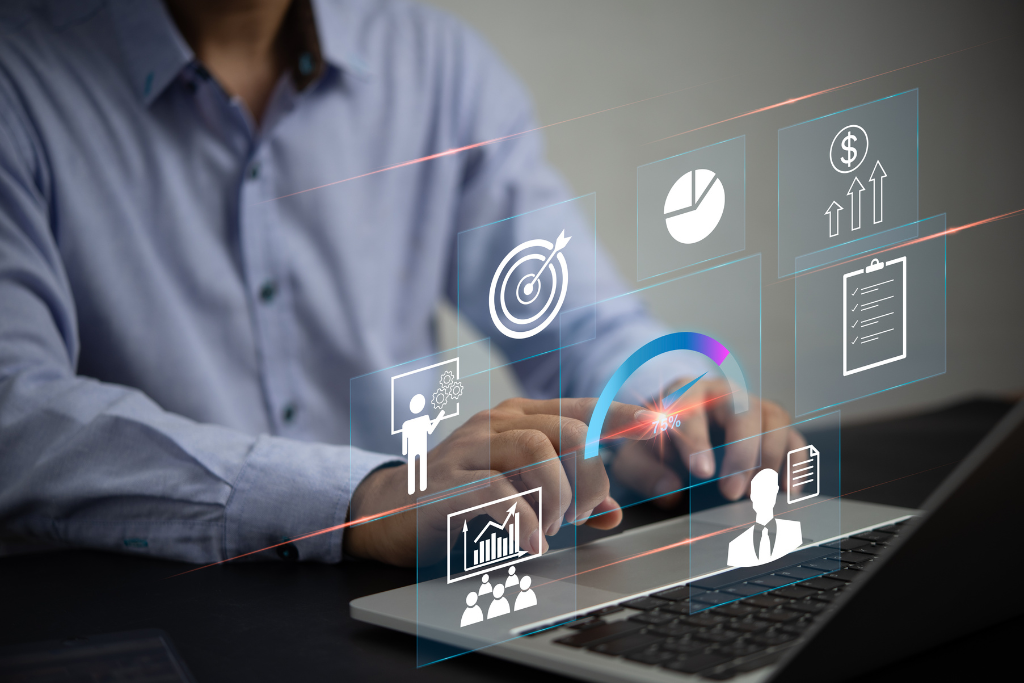 Business Professional working on BPM implementation with performance metrics, targets and digital process management icons displayed on a laptop.